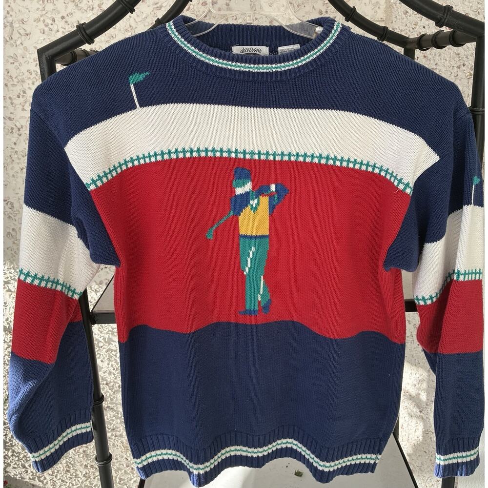 VTG Davidsons of Bermuda Golf Theme Cotton Pullover Sweater XL Navy Red White